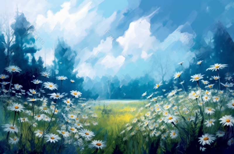 蓝色小清新雏菊花草植物油画背景,插画/手绘图,插画/手绘图库,插画/手绘图下载,插画/手绘